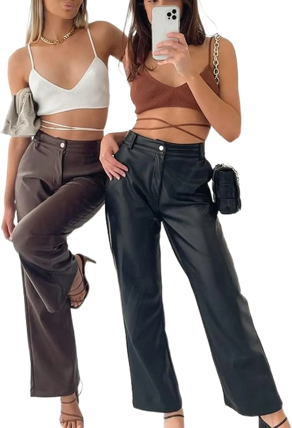 NUFIWI Women's Faux Leather Pants High Waist Straight Wide Leg PU Legging Casual Solid Color Trousers with Pockets