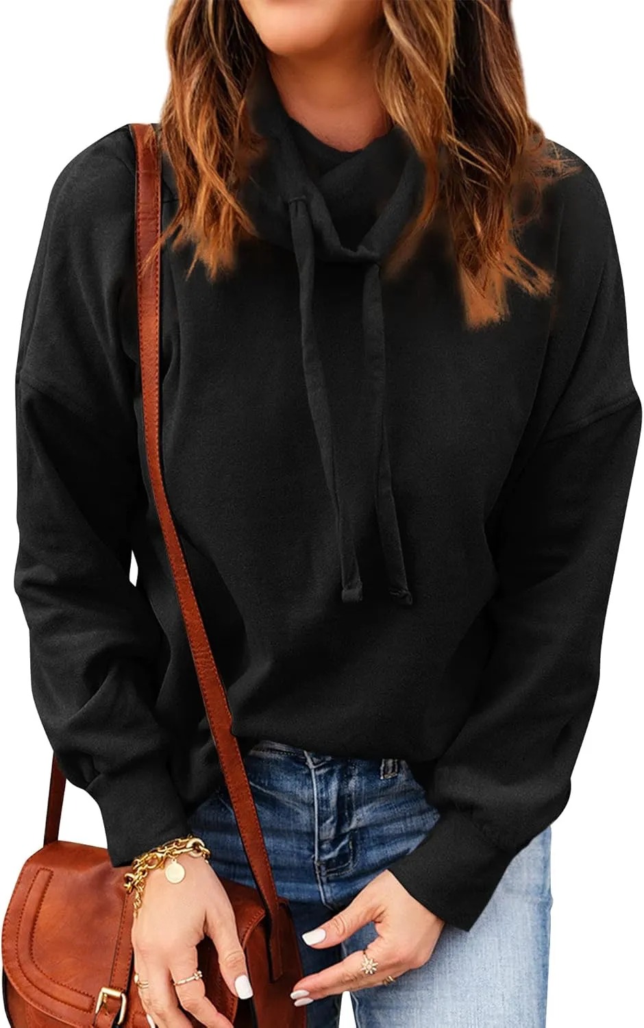 OUNAR Women Casual Long Sleeve Sweatshirt Cowl Neck Drawstring Thick Dralon Loose Pullovers Shirts Tops Sweatshirts