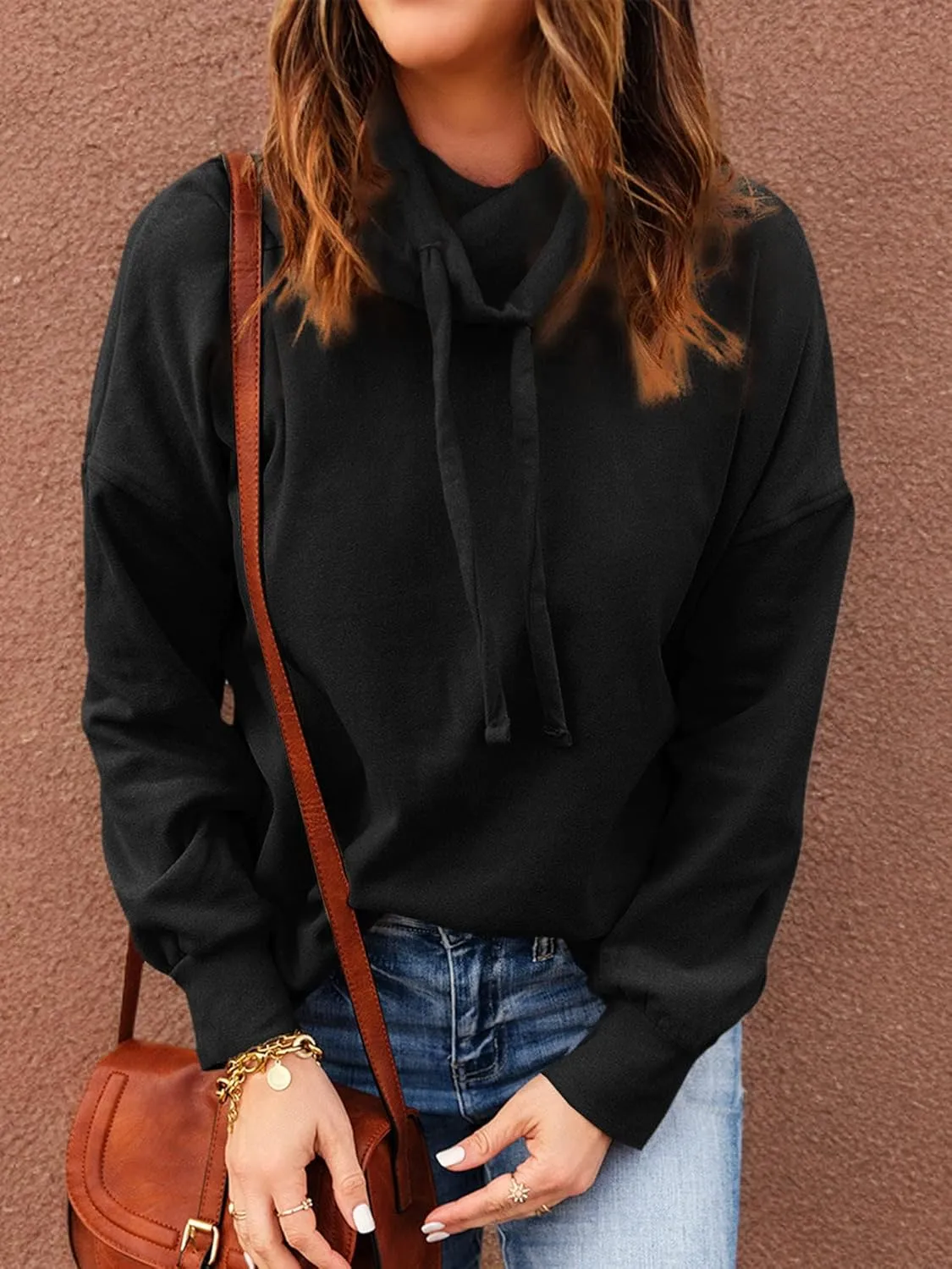 OUNAR Women Casual Long Sleeve Sweatshirt Cowl Neck Drawstring Thick Dralon Loose Pullovers Shirts Tops Sweatshirts