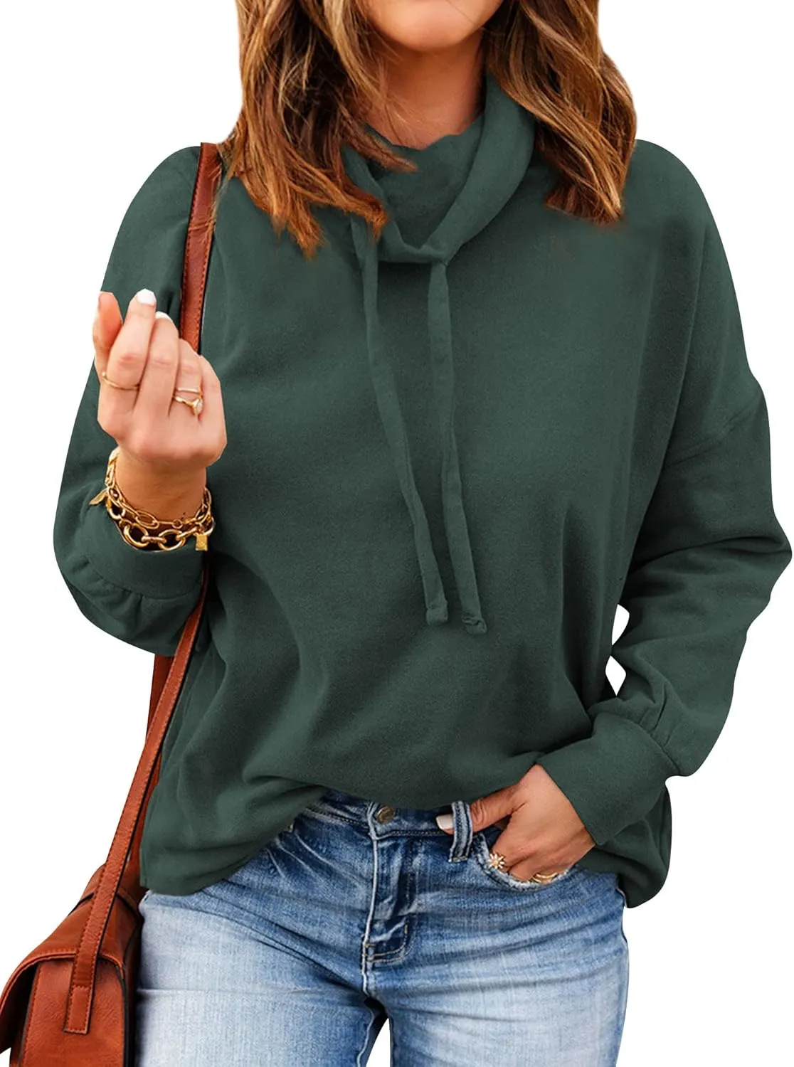 OUNAR Women Casual Long Sleeve Sweatshirt Cowl Neck Drawstring Thick Dralon Loose Pullovers Shirts Tops Sweatshirts