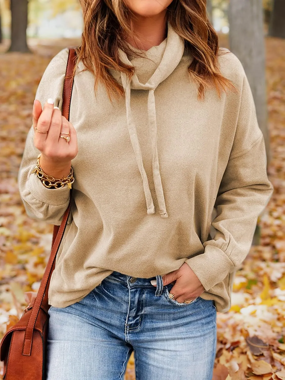 OUNAR Women Casual Long Sleeve Sweatshirt Cowl Neck Drawstring Thick Dralon Loose Pullovers Shirts Tops Sweatshirts