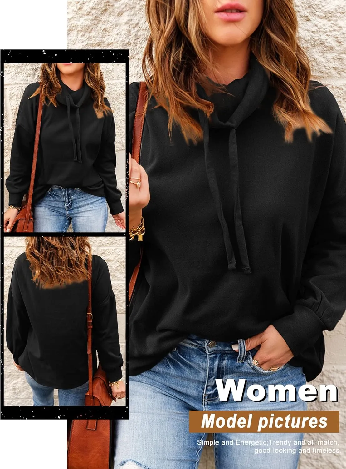 OUNAR Women Casual Long Sleeve Sweatshirt Cowl Neck Drawstring Thick Dralon Loose Pullovers Shirts Tops Sweatshirts