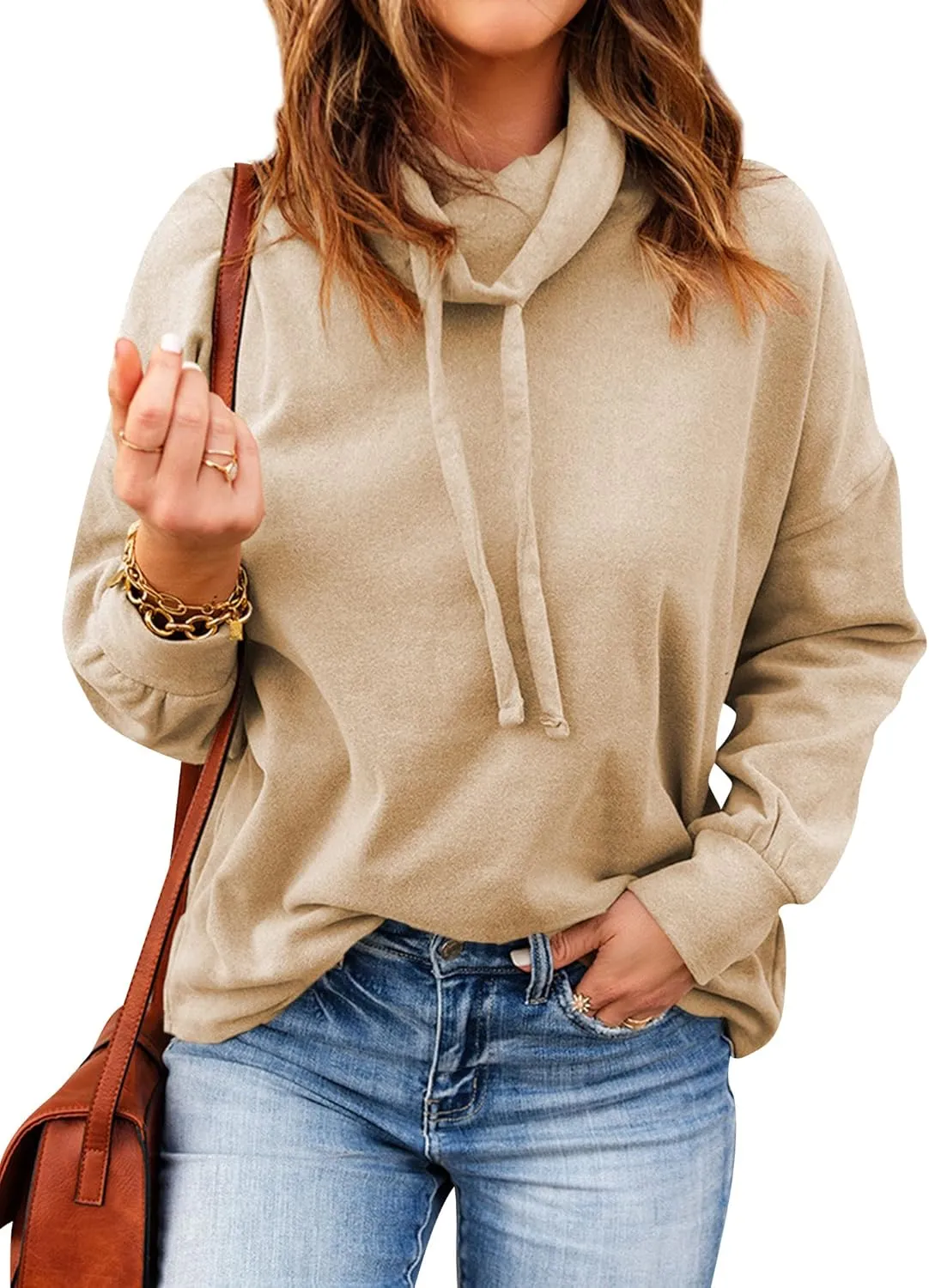 OUNAR Women Casual Long Sleeve Sweatshirt Cowl Neck Drawstring Thick Dralon Loose Pullovers Shirts Tops Sweatshirts