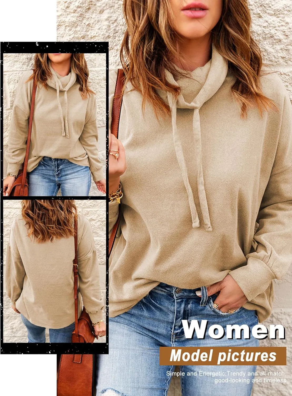 OUNAR Women Casual Long Sleeve Sweatshirt Cowl Neck Drawstring Thick Dralon Loose Pullovers Shirts Tops Sweatshirts