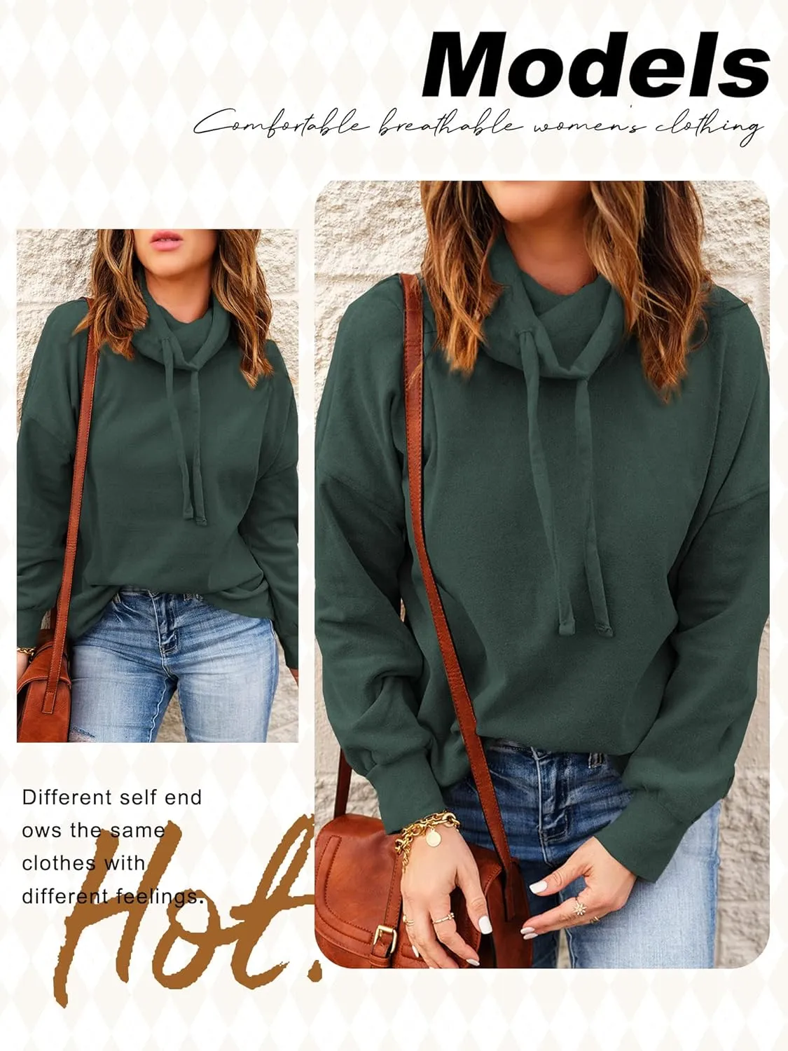 OUNAR Women Casual Long Sleeve Sweatshirt Cowl Neck Drawstring Thick Dralon Loose Pullovers Shirts Tops Sweatshirts