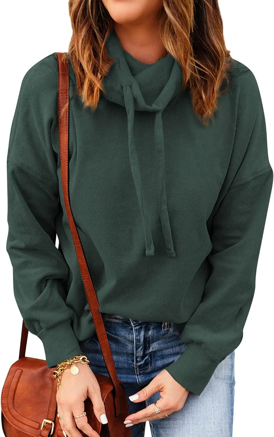 OUNAR Women Casual Long Sleeve Sweatshirt Cowl Neck Drawstring Thick Dralon Loose Pullovers Shirts Tops Sweatshirts