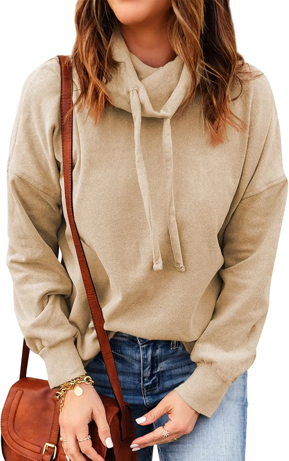 OUNAR Women Casual Long Sleeve Sweatshirt Cowl Neck Drawstring Thick Dralon Loose Pullovers Shirts Tops Sweatshirts