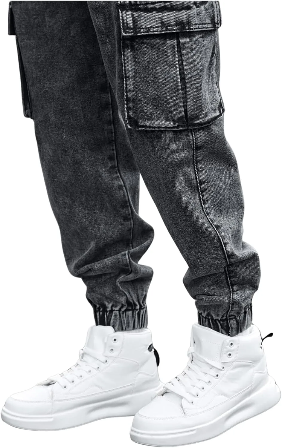 OYOANGLE Men's Drawstring Waist Flap Pocket Jogger Cargo Pants Carrot Denim Jeans with Pocket