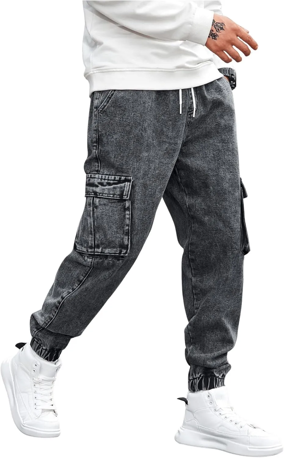 OYOANGLE Men's Drawstring Waist Flap Pocket Jogger Cargo Pants Carrot Denim Jeans with Pocket