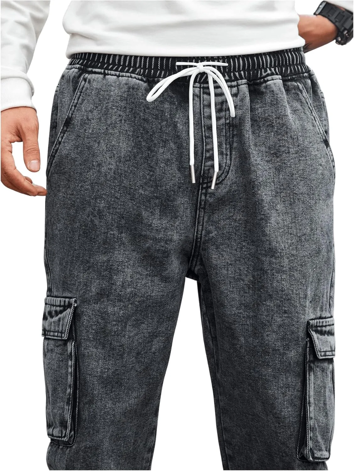 OYOANGLE Men's Drawstring Waist Flap Pocket Jogger Cargo Pants Carrot Denim Jeans with Pocket