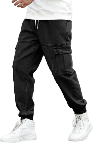 OYOANGLE Men's Drawstring Waist Flap Pocket Jogger Cargo Pants Carrot Denim Jeans with Pocket