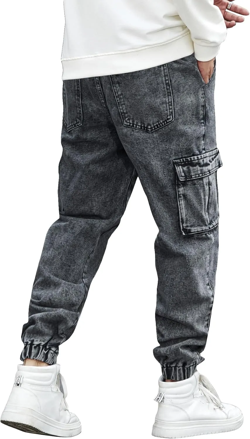 OYOANGLE Men's Drawstring Waist Flap Pocket Jogger Cargo Pants Carrot Denim Jeans with Pocket