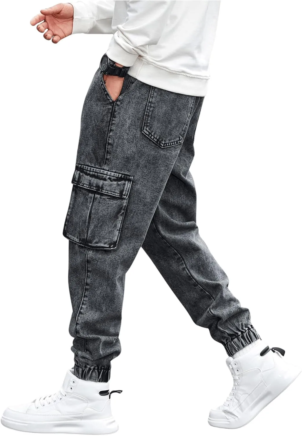 OYOANGLE Men's Drawstring Waist Flap Pocket Jogger Cargo Pants Carrot Denim Jeans with Pocket