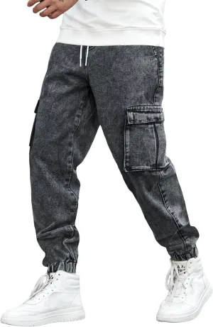 OYOANGLE Men's Drawstring Waist Flap Pocket Jogger Cargo Pants Carrot Denim Jeans with Pocket