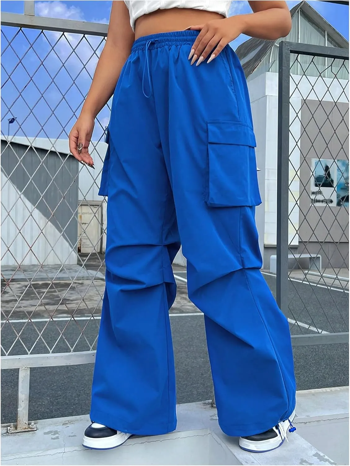OYOANGLE Women's Plus Size Drawstring Waist Wide Leg Casual Cargo Pants with Pocket