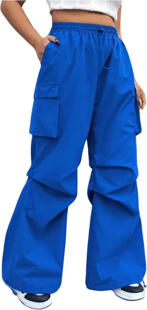 OYOANGLE Women's Plus Size Drawstring Waist Wide Leg Casual Cargo Pants with Pocket