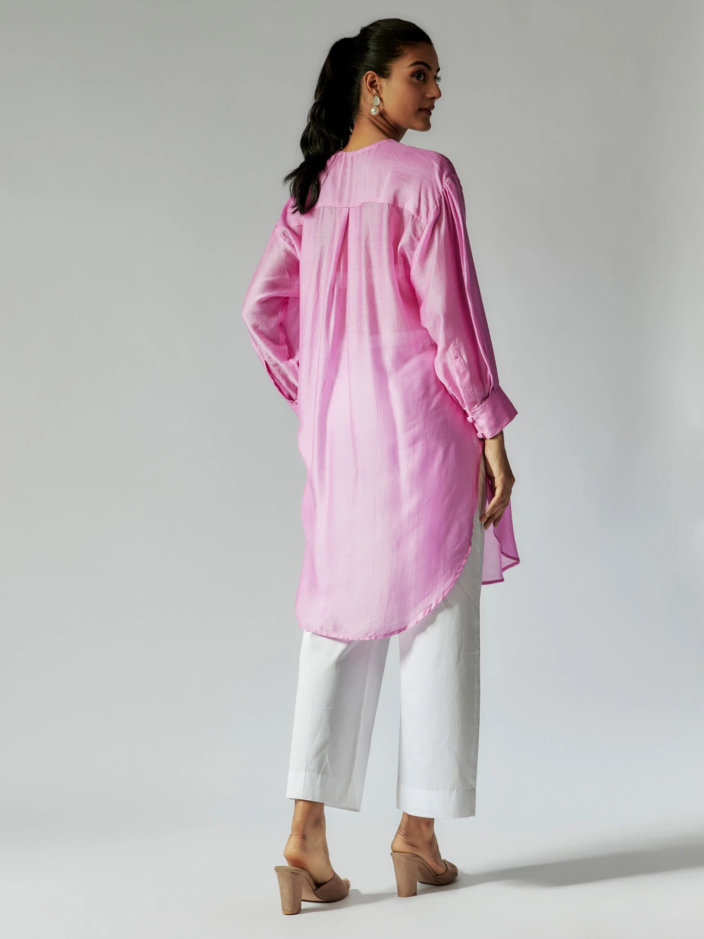 Pink and White Cotton Silk Tunic Set with Pintuck Details