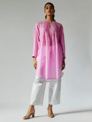 Pink and White Cotton Silk Tunic Set with Pintuck Details