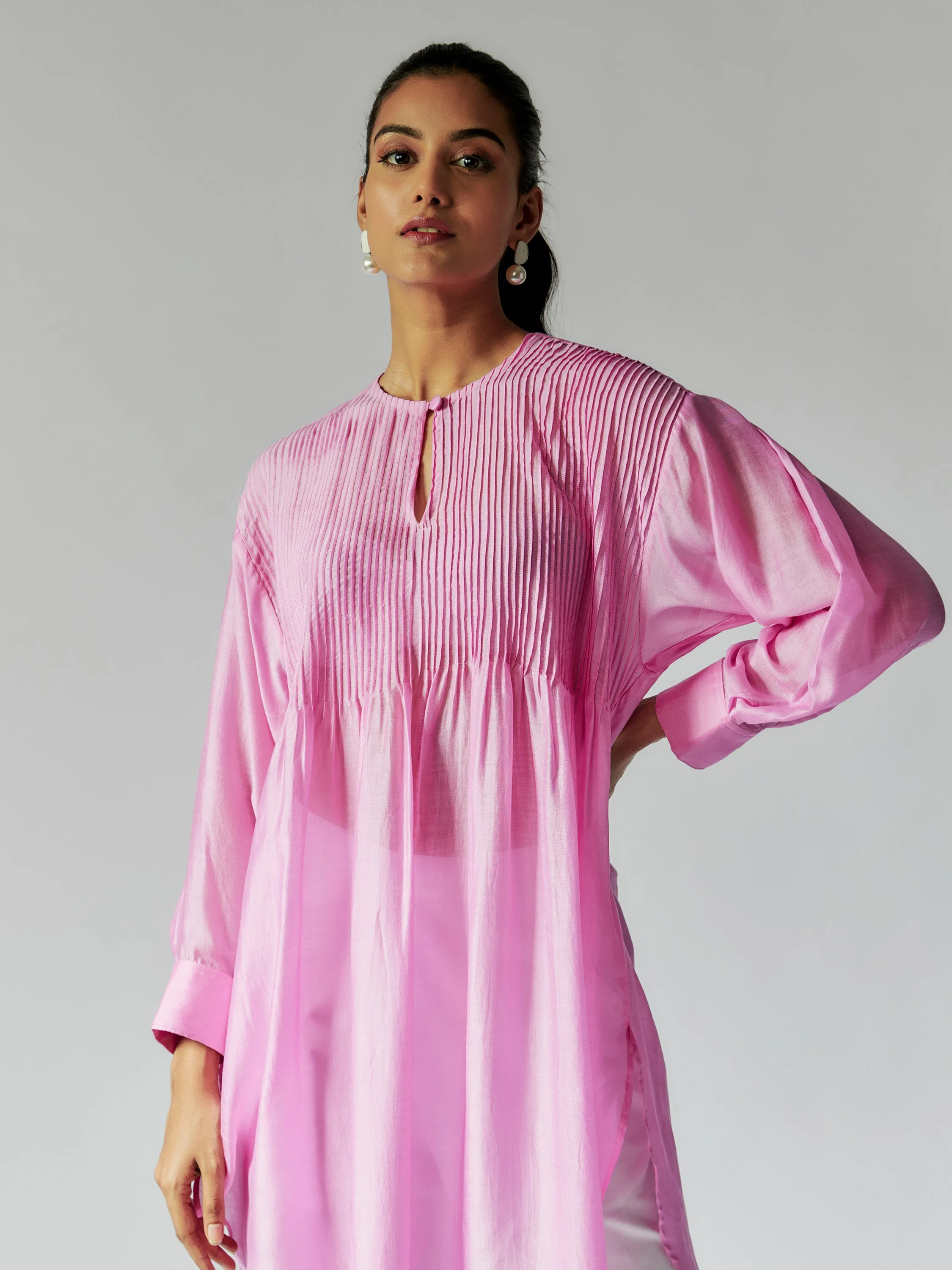 Pink and White Cotton Silk Tunic Set with Pintuck Details