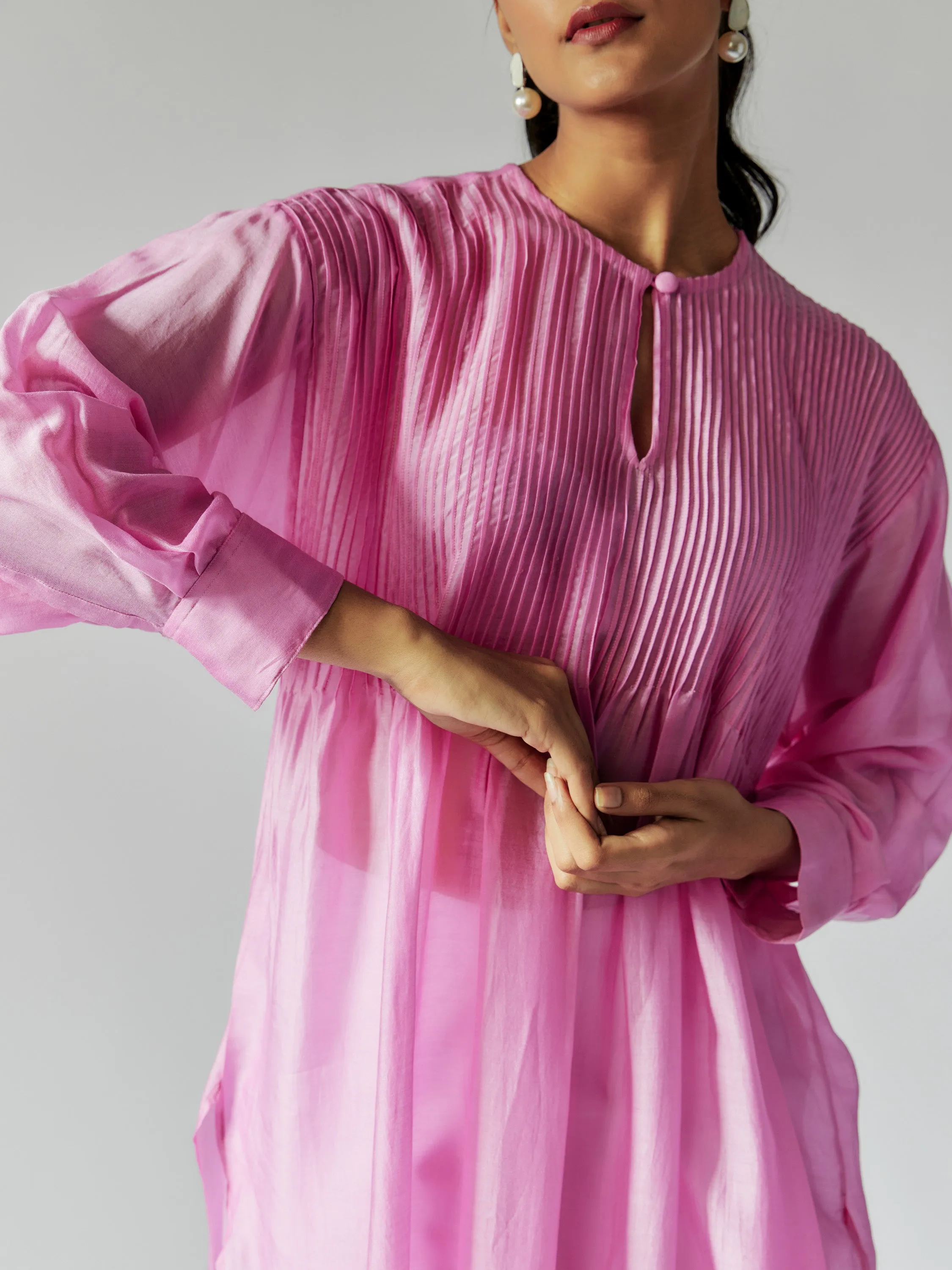 Pink and White Cotton Silk Tunic Set with Pintuck Details