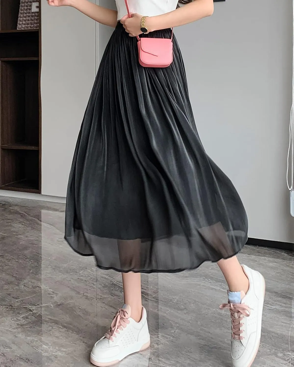 Pleated Skirts for Women High Waist A-Line Midi Skirt Ladies Fashion Elegant Pleated Midi Shiny Skirt