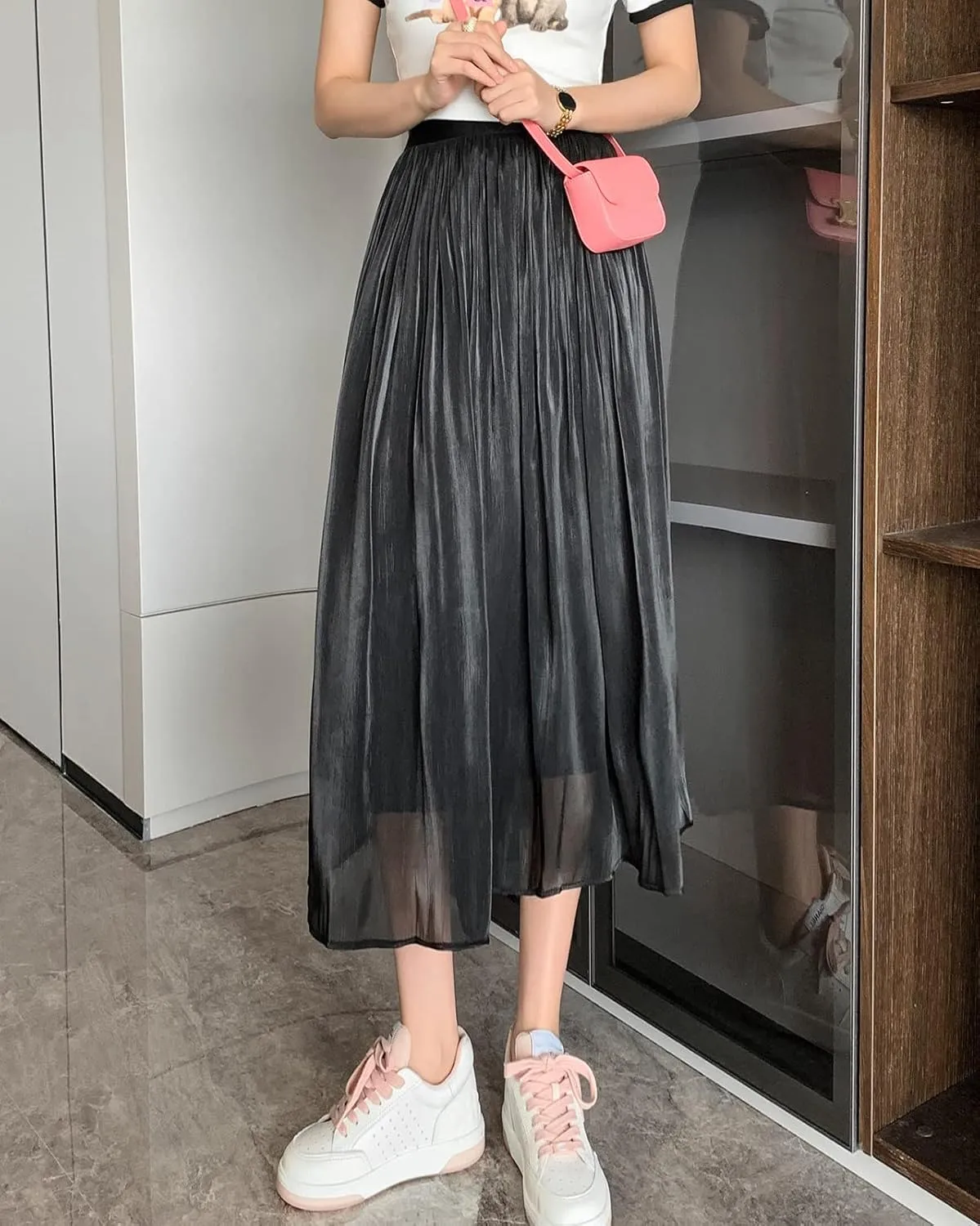 Pleated Skirts for Women High Waist A-Line Midi Skirt Ladies Fashion Elegant Pleated Midi Shiny Skirt