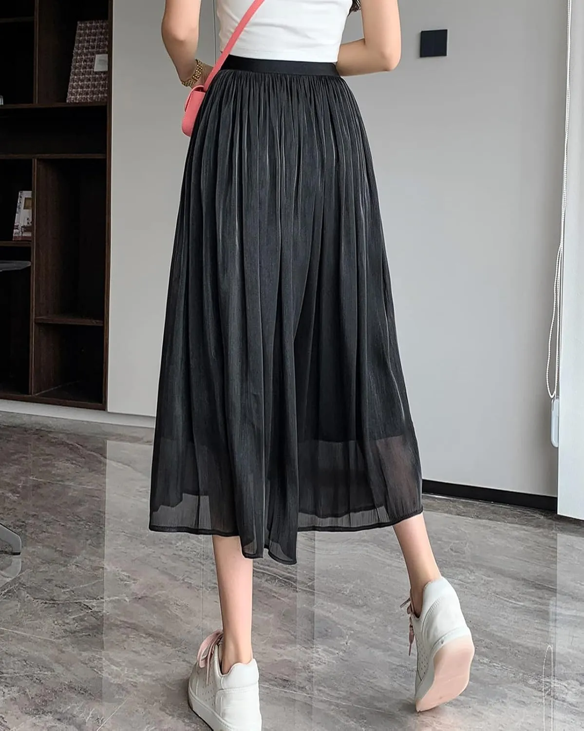 Pleated Skirts for Women High Waist A-Line Midi Skirt Ladies Fashion Elegant Pleated Midi Shiny Skirt