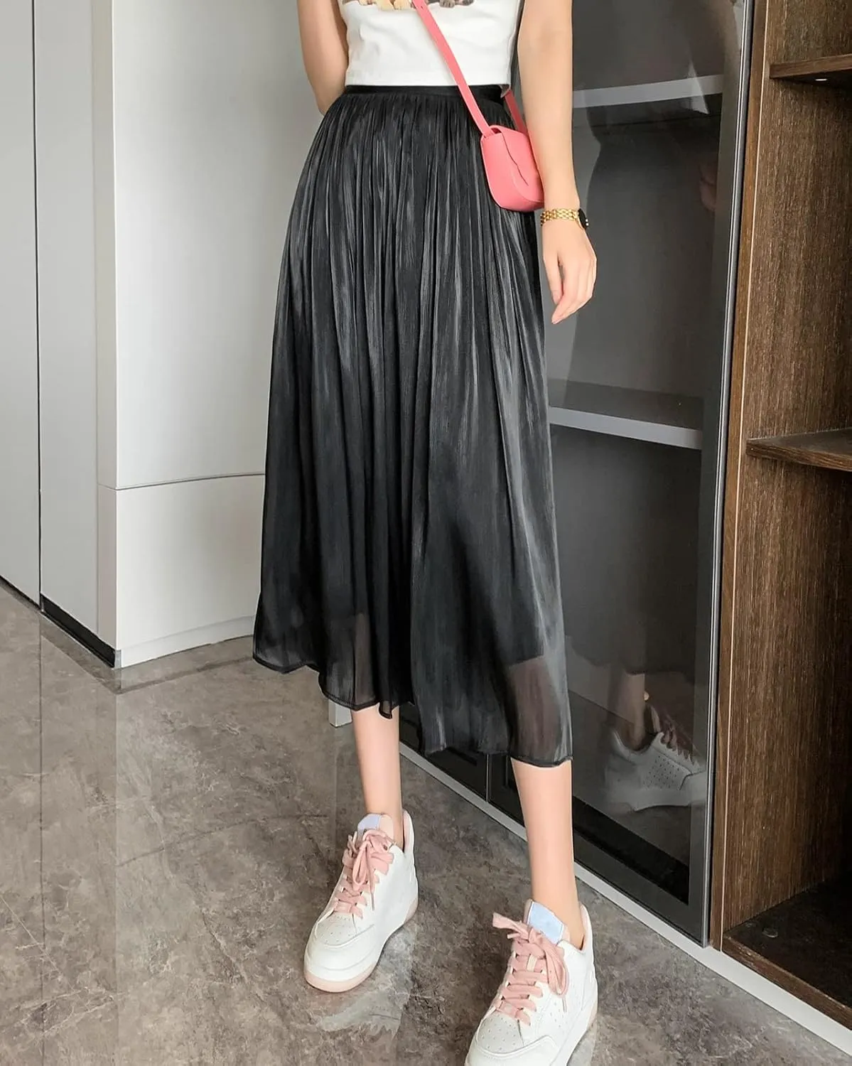 Pleated Skirts for Women High Waist A-Line Midi Skirt Ladies Fashion Elegant Pleated Midi Shiny Skirt
