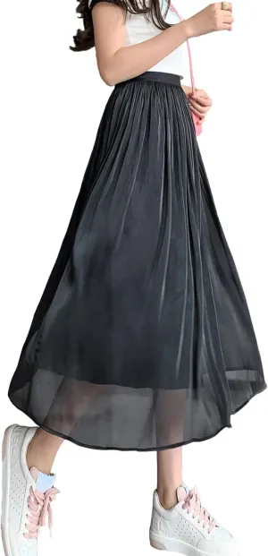 Pleated Skirts for Women High Waist A-Line Midi Skirt Ladies Fashion Elegant Pleated Midi Shiny Skirt