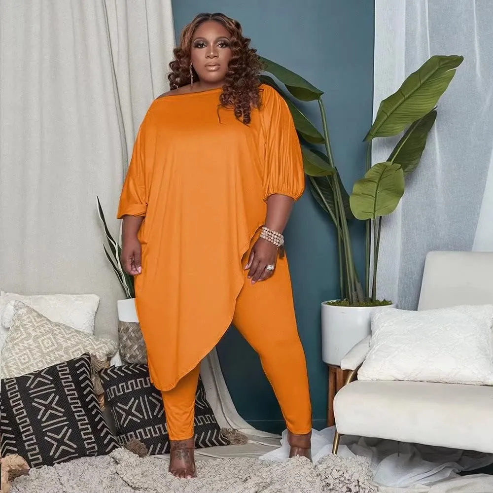 Plus Size Outfits for Women Tracksuits Long Sleeve Slant Shoulder Asymmetrica Tops Bodycon Pants Sweatsuit Sets