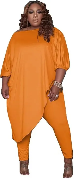 Plus Size Outfits for Women Tracksuits Long Sleeve Slant Shoulder Asymmetrica Tops Bodycon Pants Sweatsuit Sets