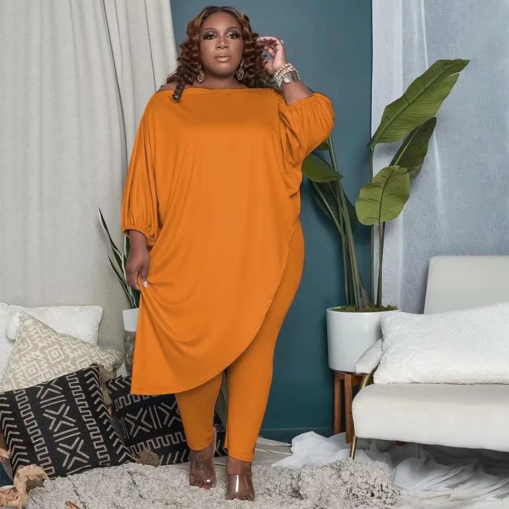 Plus Size Outfits for Women Tracksuits Long Sleeve Slant Shoulder Asymmetrica Tops Bodycon Pants Sweatsuit Sets