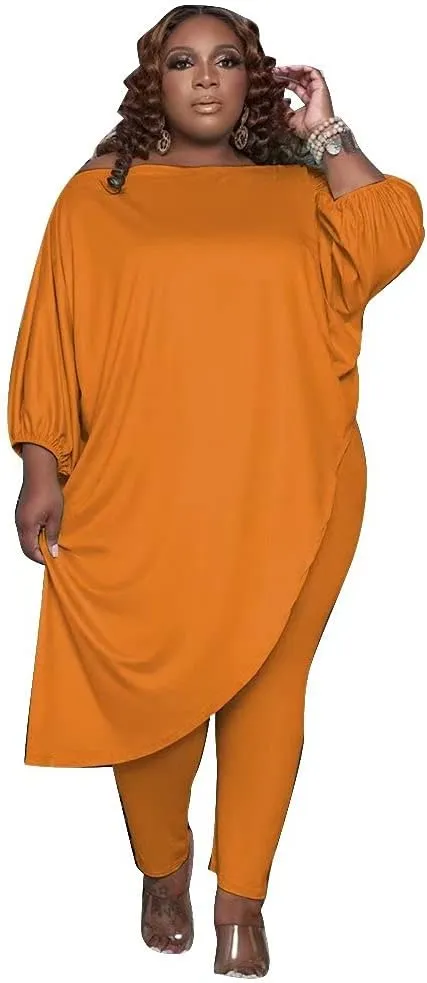 Plus Size Outfits for Women Tracksuits Long Sleeve Slant Shoulder Asymmetrica Tops Bodycon Pants Sweatsuit Sets