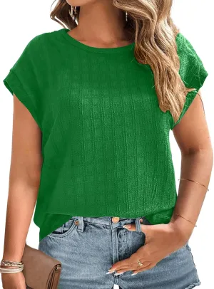 Plus Size Tops for Women Trendy Summer Casual Cap Short Sleeve Basic Textured Solid Color Round Neck T Shirts Blouse 1XL-5XL