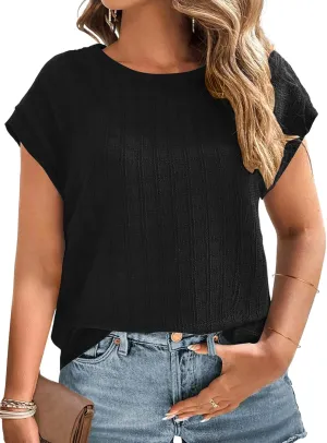 Plus Size Tops for Women Trendy Summer Casual Cap Short Sleeve Basic Textured Solid Color Round Neck T Shirts Blouse 1XL-5XL
