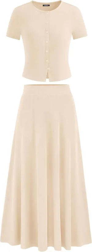 PRETTYGARDEN Women's 2 Piece Skirt Sets Summer Short Sleeve Button Up Knit Crop Top Flowy Maxi Skirts Travel Vacation Outfits