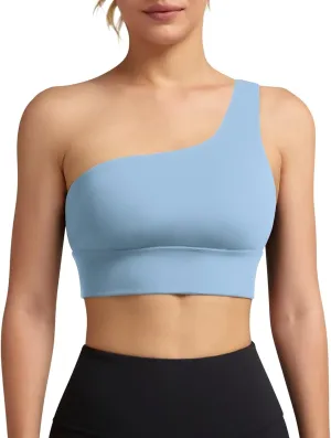QUEENIEKE Womens One Shoulder Sports Bra Workout Strap Yoga Bras Cute Low Support Tops