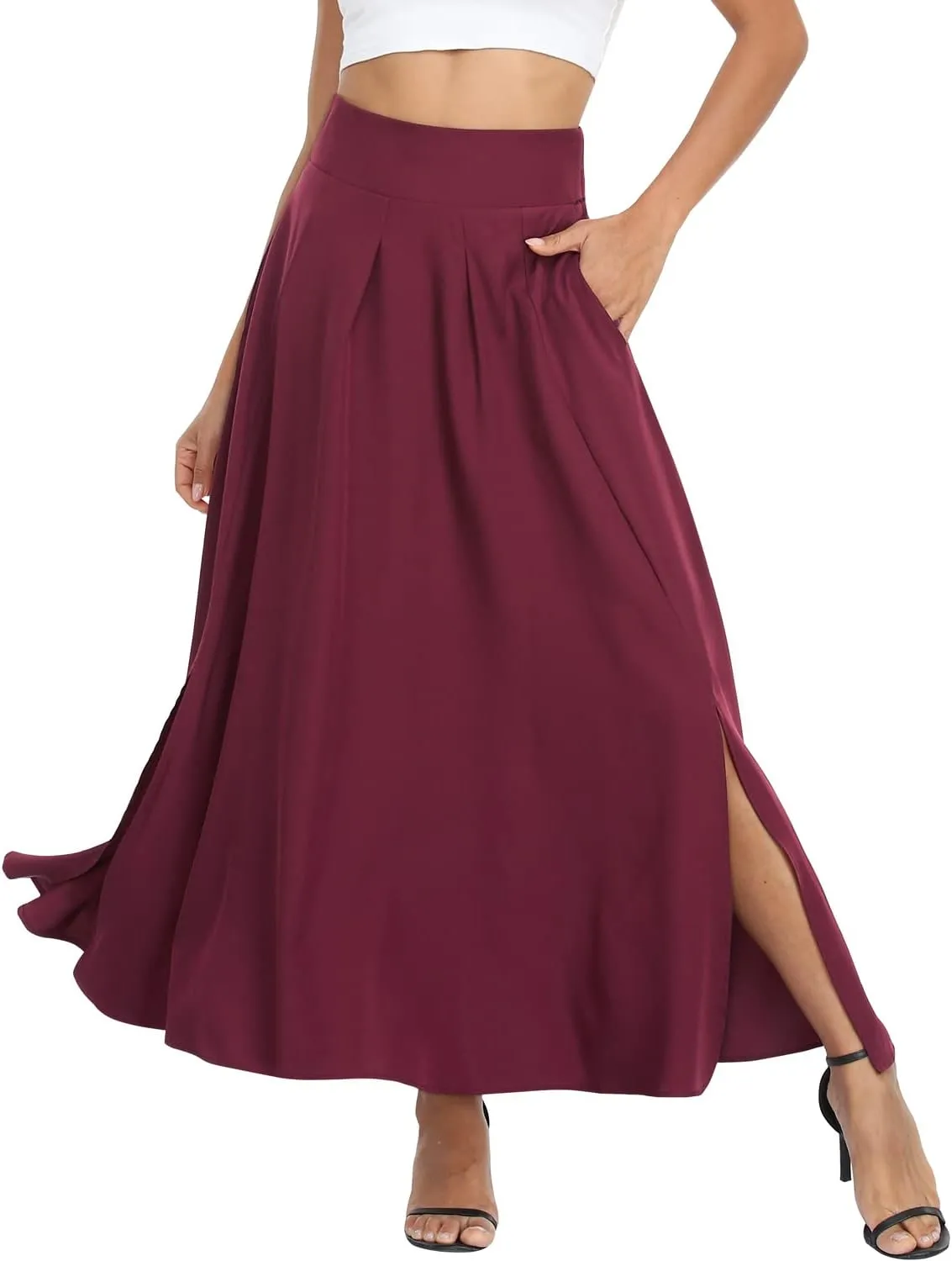 RANPHEE Women's Ankle Length High Waist A-line Flowy Long Maxi Skirt with Pockets
