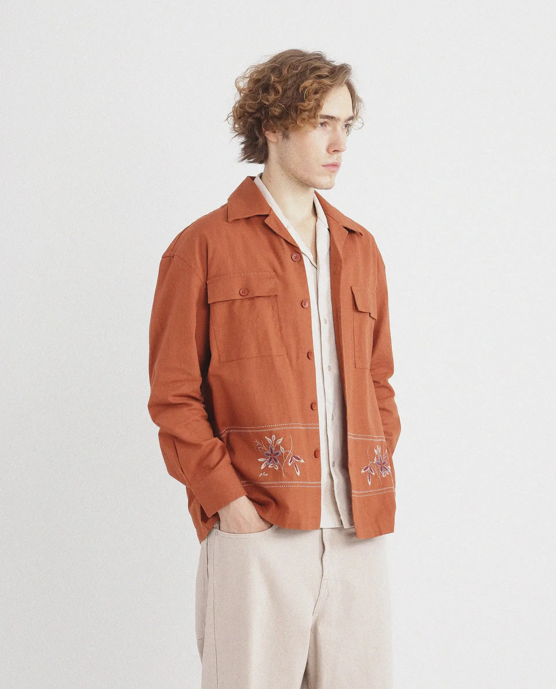 Rare Rabbit Men Stenay Rust Cotton Fabric Regular Fit Full Sleeve Embroidered Shirt