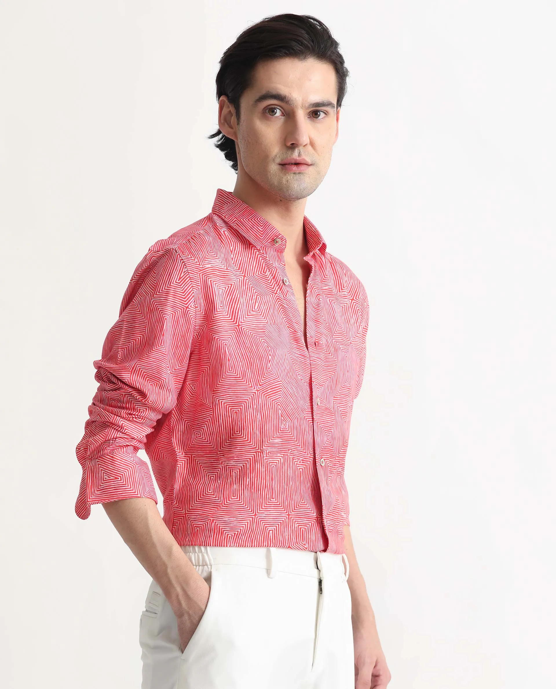 Rare Rabbit Men's Orlean Red Viscose Fabric Abstract Print Full Sleeves Shirt