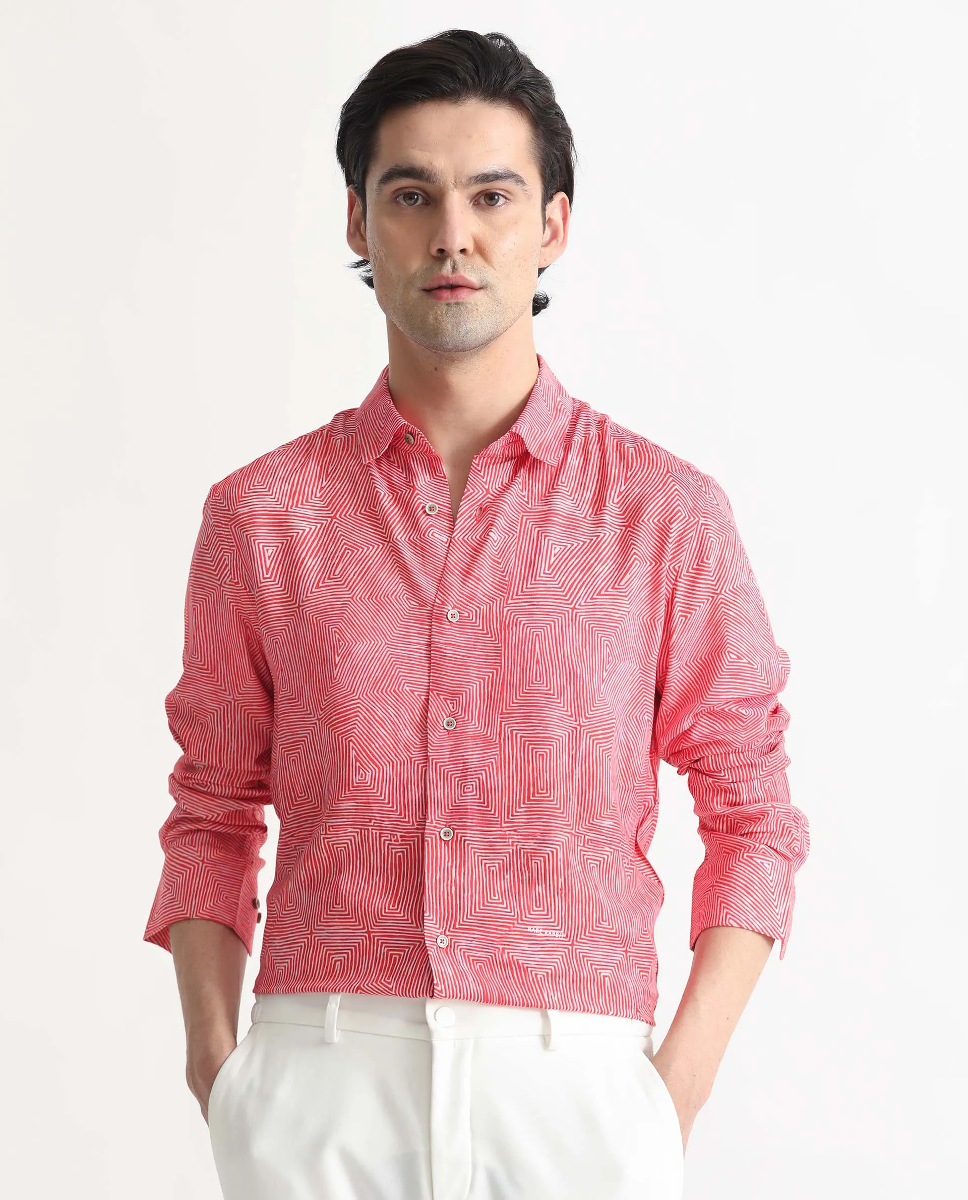 Rare Rabbit Men's Orlean Red Viscose Fabric Abstract Print Full Sleeves Shirt