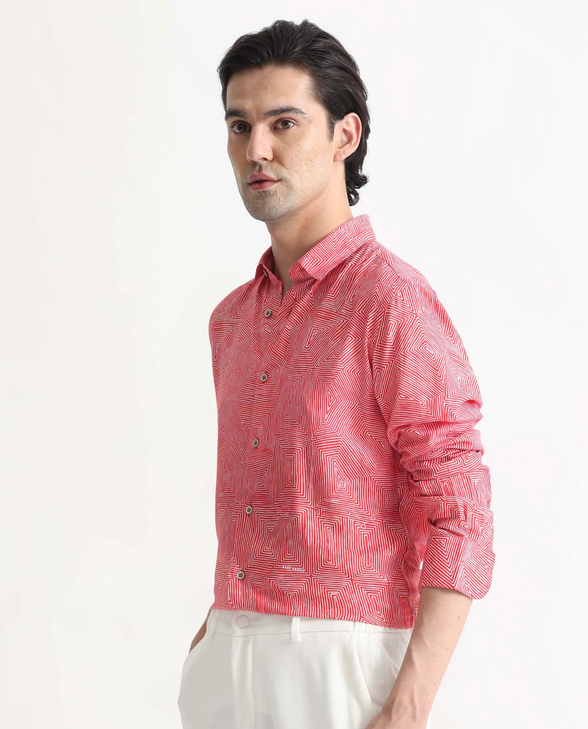 Rare Rabbit Men's Orlean Red Viscose Fabric Abstract Print Full Sleeves Shirt