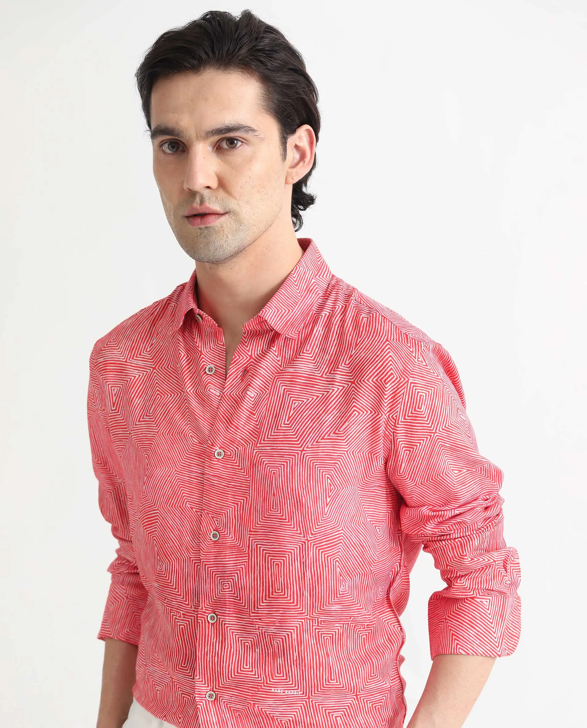 Rare Rabbit Men's Orlean Red Viscose Fabric Abstract Print Full Sleeves Shirt