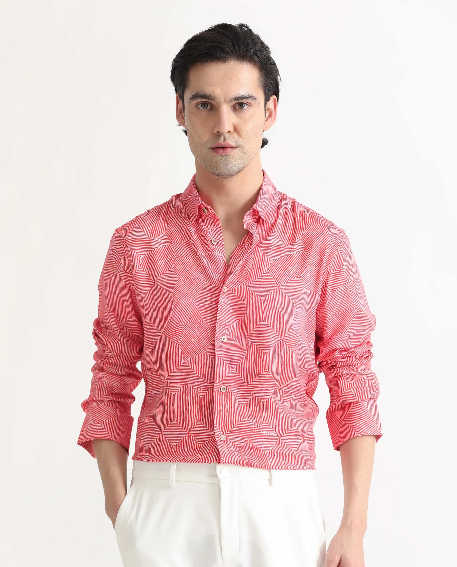 Rare Rabbit Men's Orlean Red Viscose Fabric Abstract Print Full Sleeves Shirt