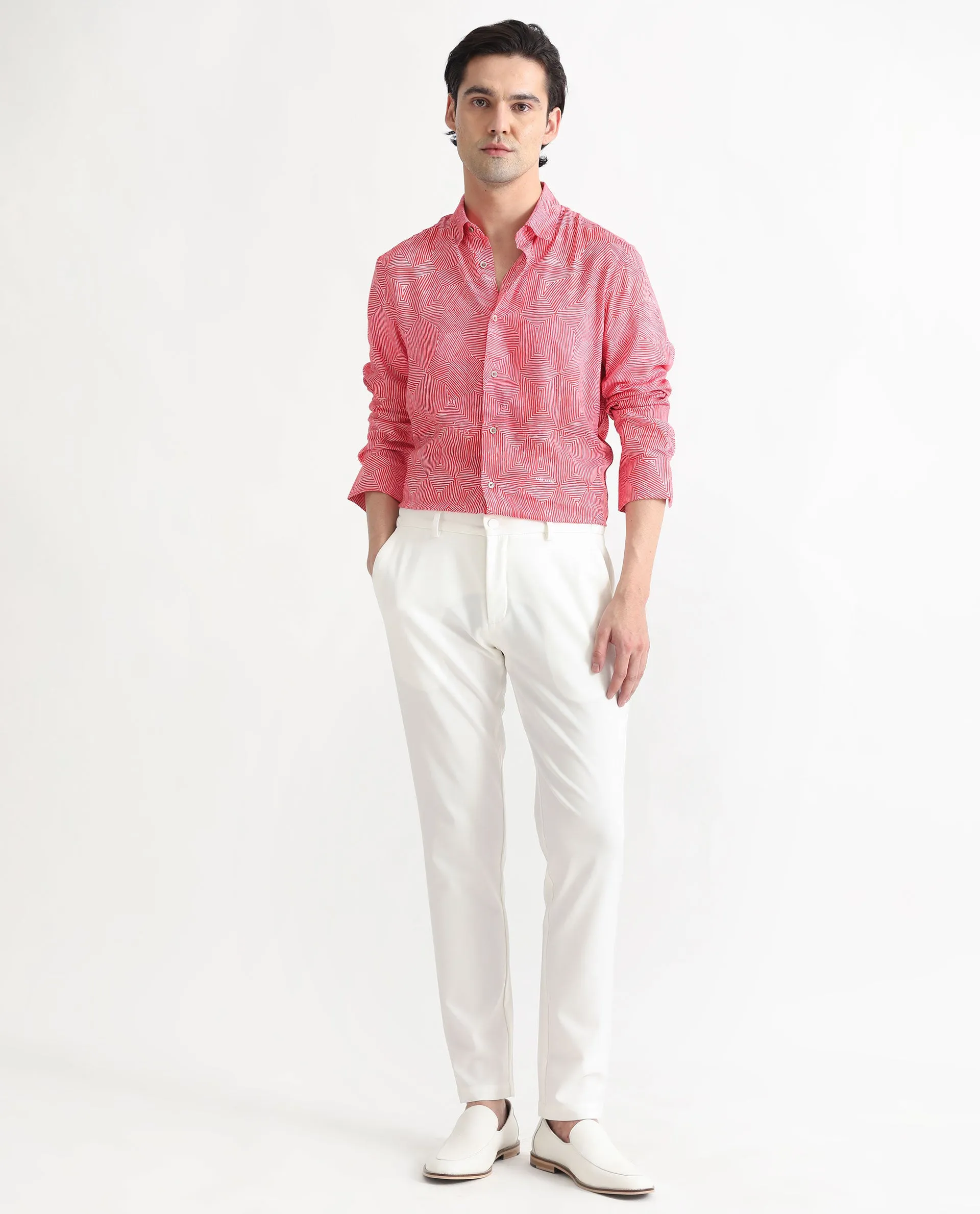 Rare Rabbit Men's Orlean Red Viscose Fabric Abstract Print Full Sleeves Shirt