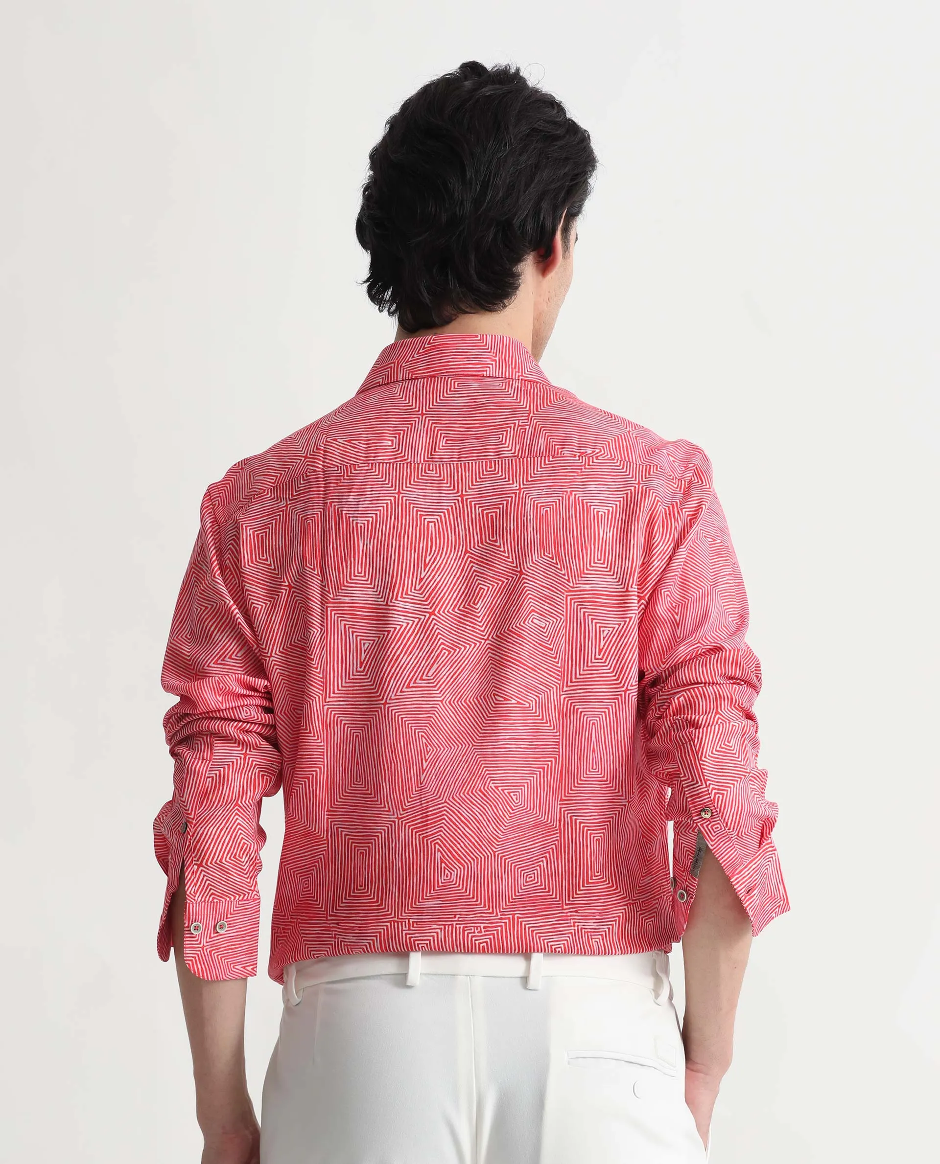Rare Rabbit Men's Orlean Red Viscose Fabric Abstract Print Full Sleeves Shirt