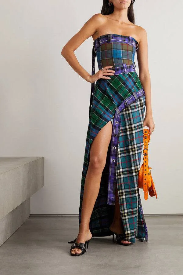 Rave Review - Shroom Belted Checked Wool Maxi Dress in Purple