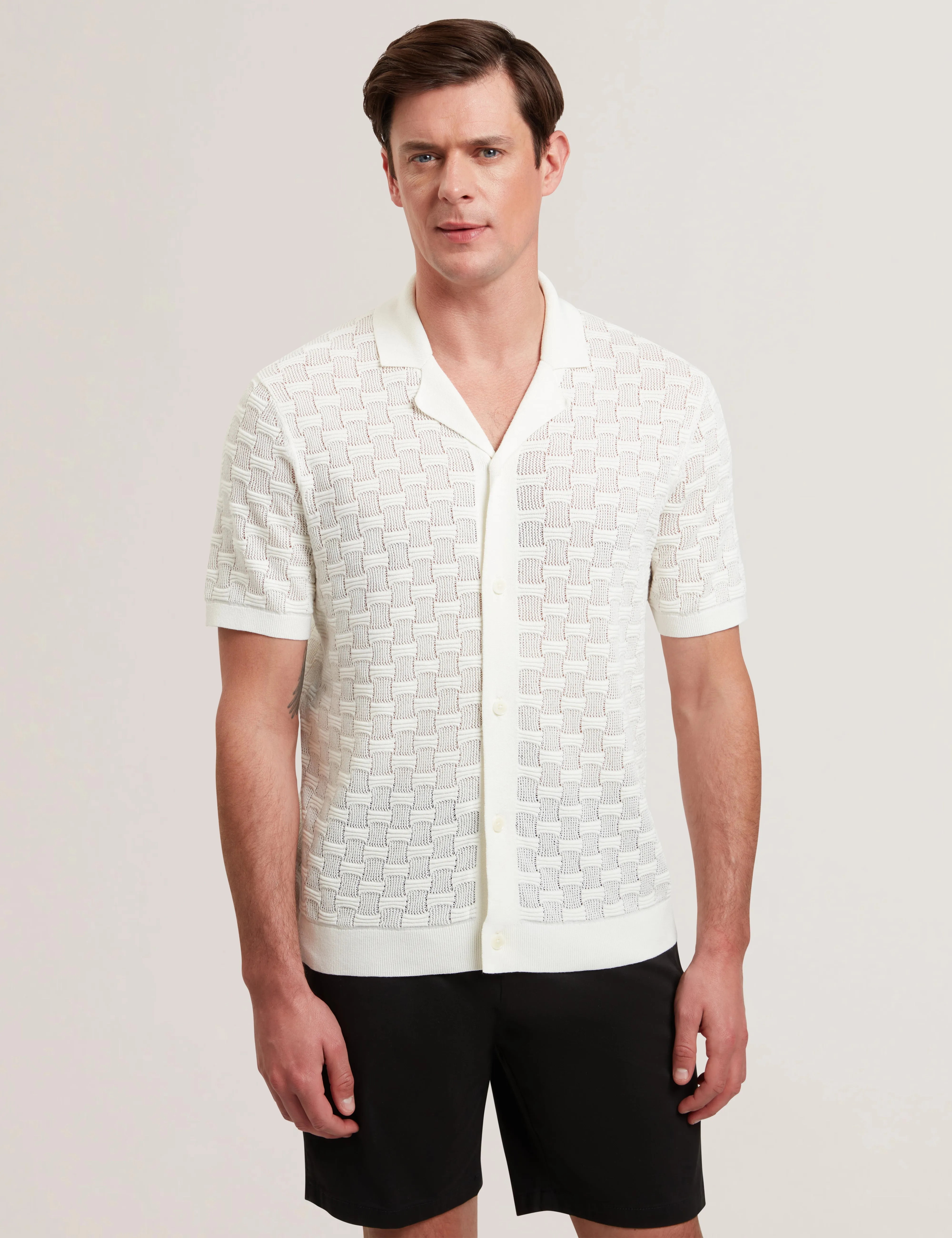 Ridges Short Sleeve Textured Silk Cotton Shirt   White