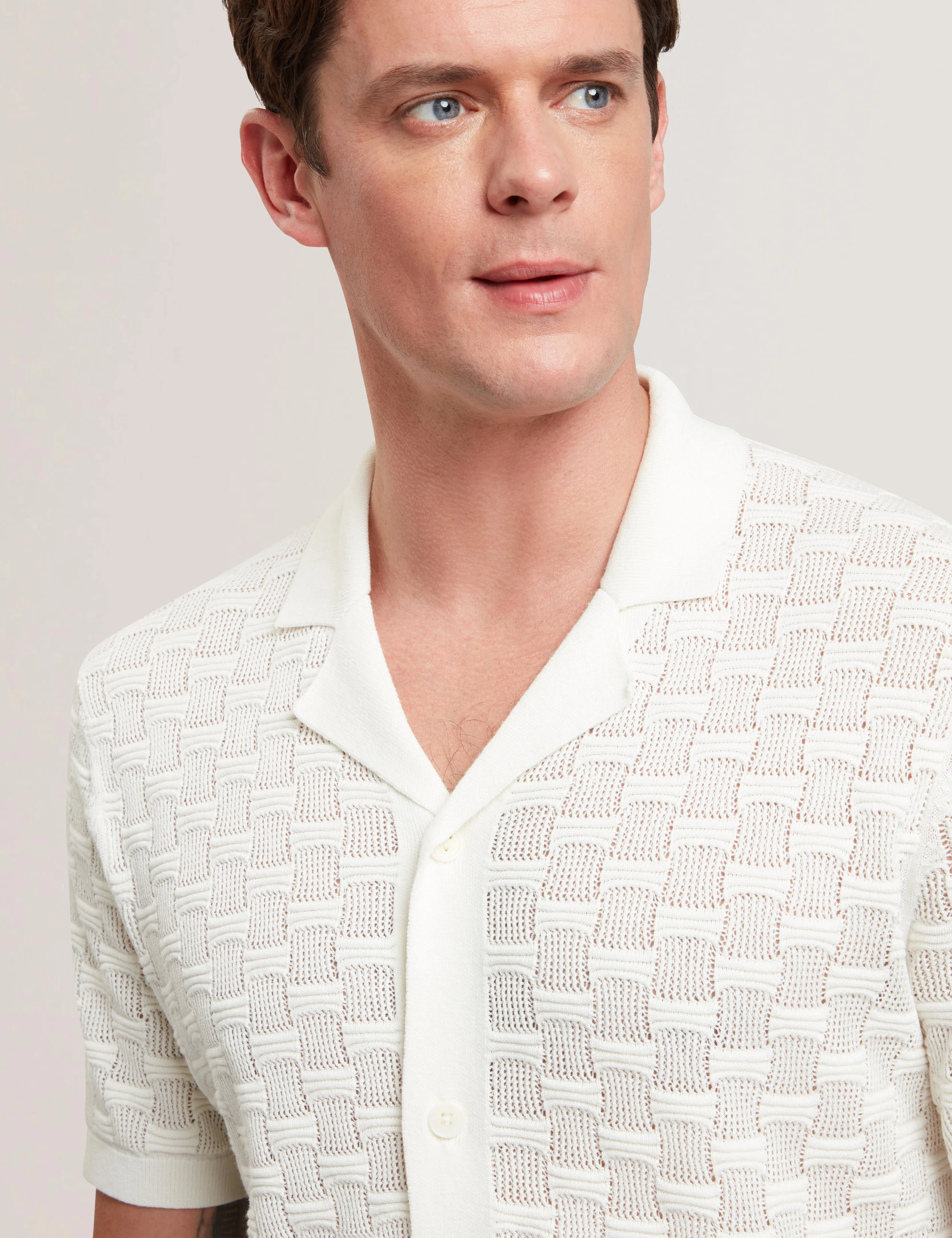 Ridges Short Sleeve Textured Silk Cotton Shirt   White
