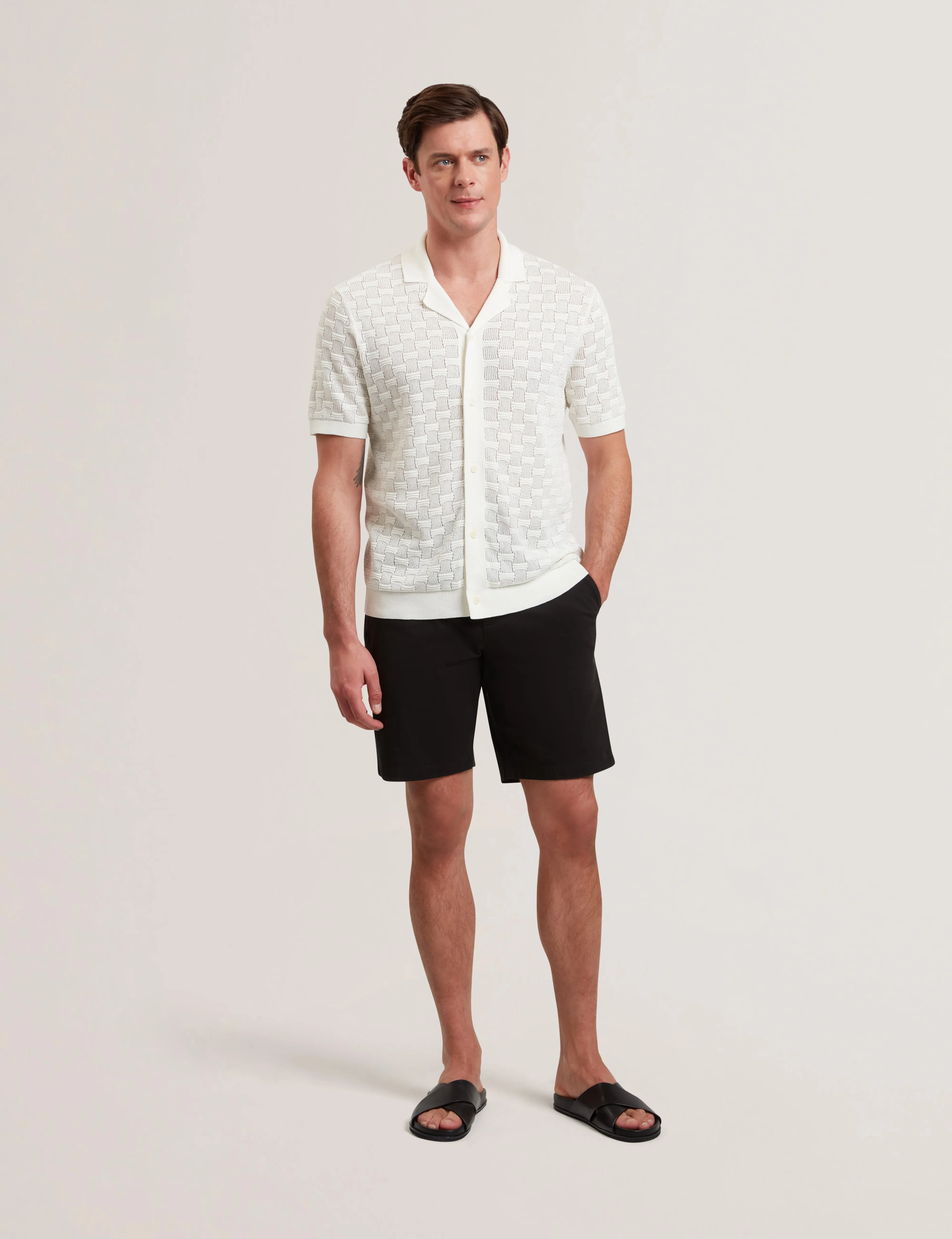 Ridges Short Sleeve Textured Silk Cotton Shirt   White